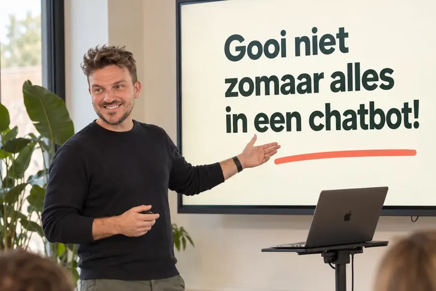 Trainer bij een slide met de tekst Gooi niet zomaar alles in een chatbot (AI-sfeerbeeld)