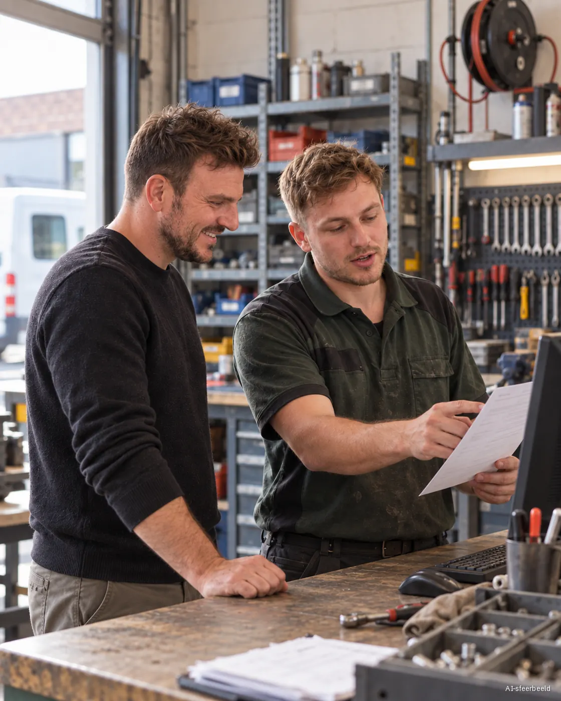 Meekijken in een garage terwijl een mecanicien zijn werkbon uitlegt (AI-sfeerbeeld)