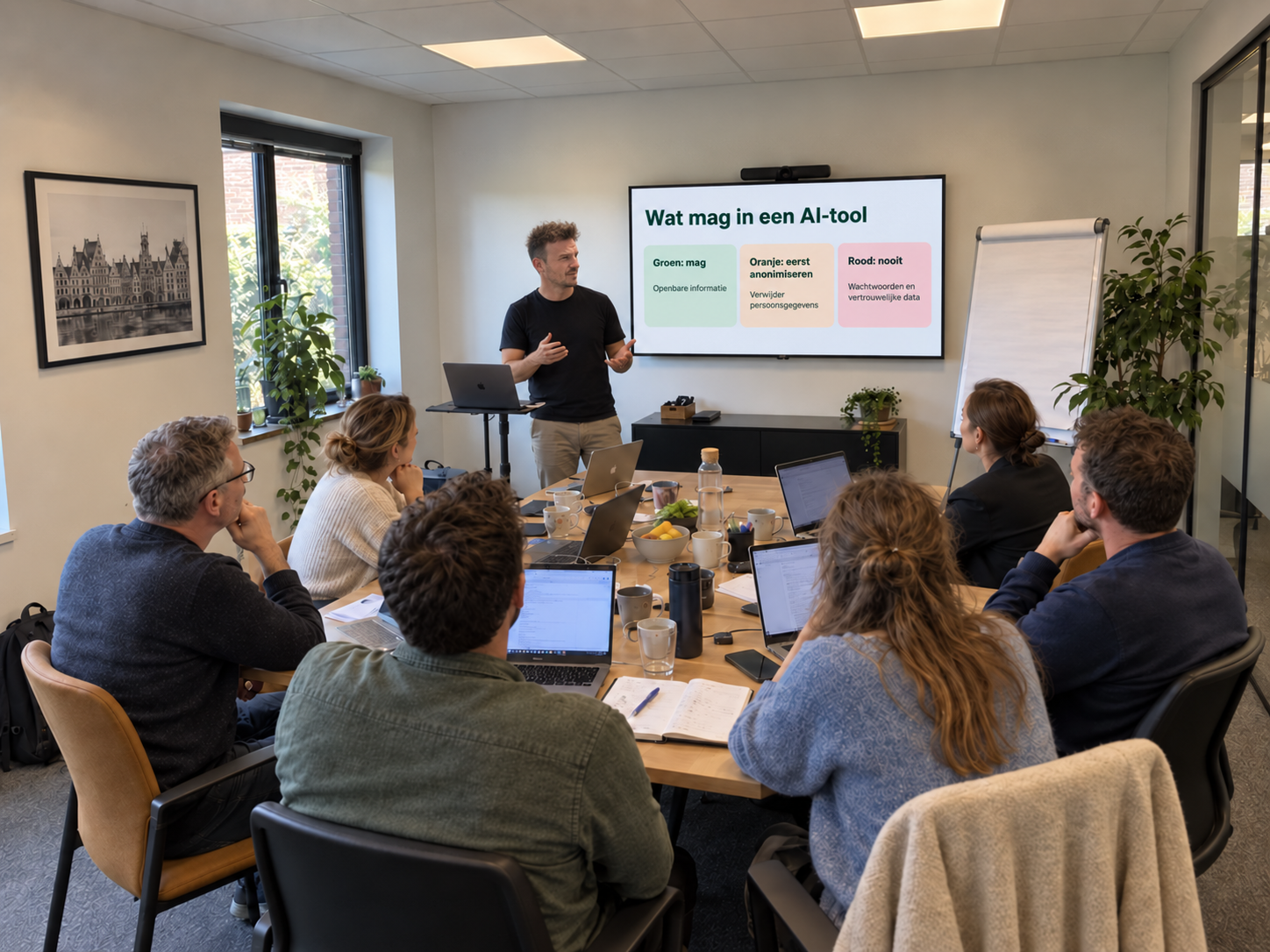 Werkgroep oefent met laptops tijdens een AI-opleiding (AI-sfeerbeeld)